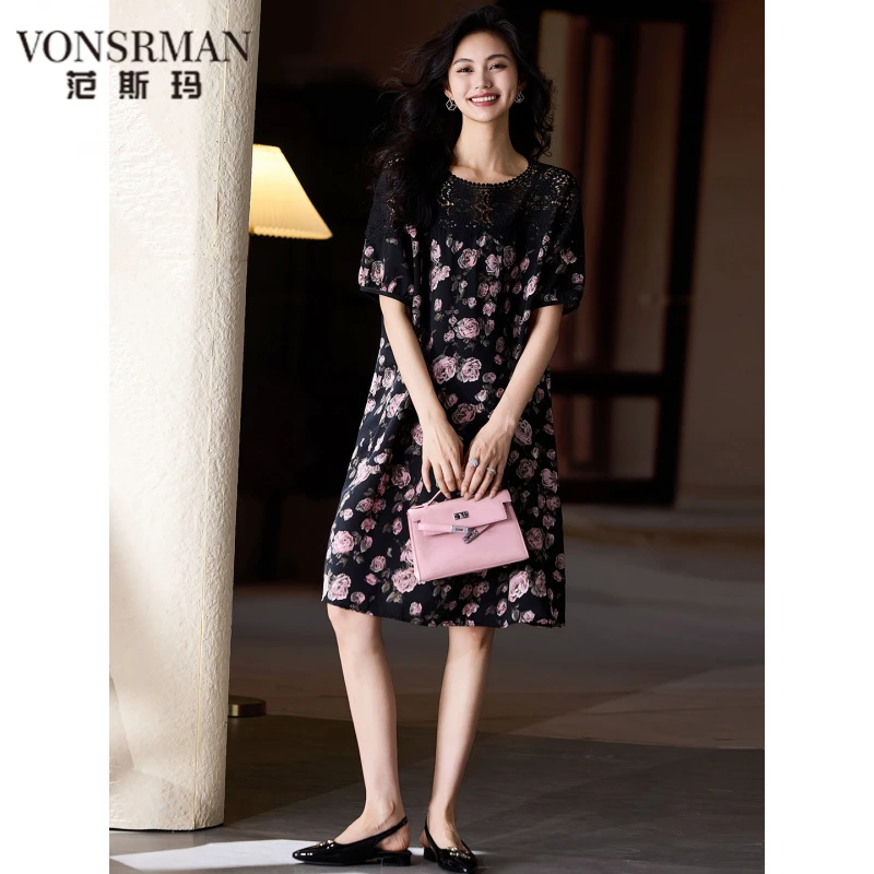 时尚新款印花蕾丝雪纺洋装女夏季大尺码宽松裙子2025年 VONSRMAN