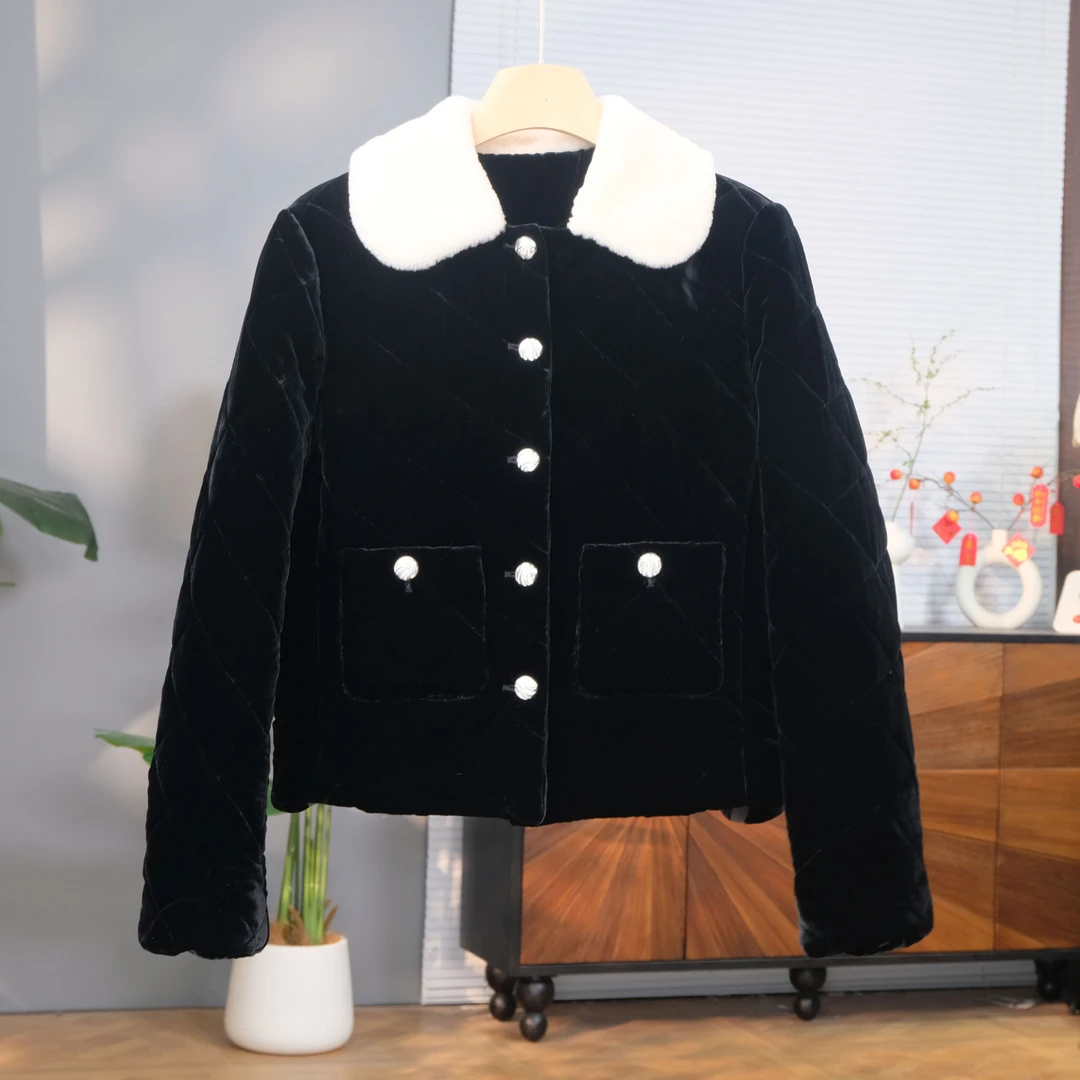 真丝丝绒菱格棉服羊羔毛翻领金属扣短款外套加厚保暖桑蚕丝棉服