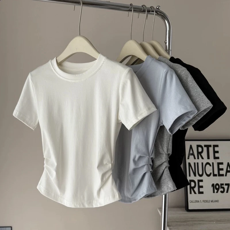 【海南简爱】7311短款圆领白色韩版打底奶蓝显瘦女士T恤短袖修身