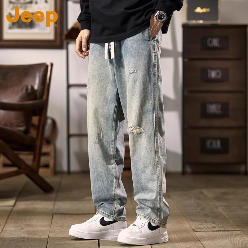 JEEP吉普美式牛仔裤男款潮流时尚破洞裤2025新款春季复古直筒长裤