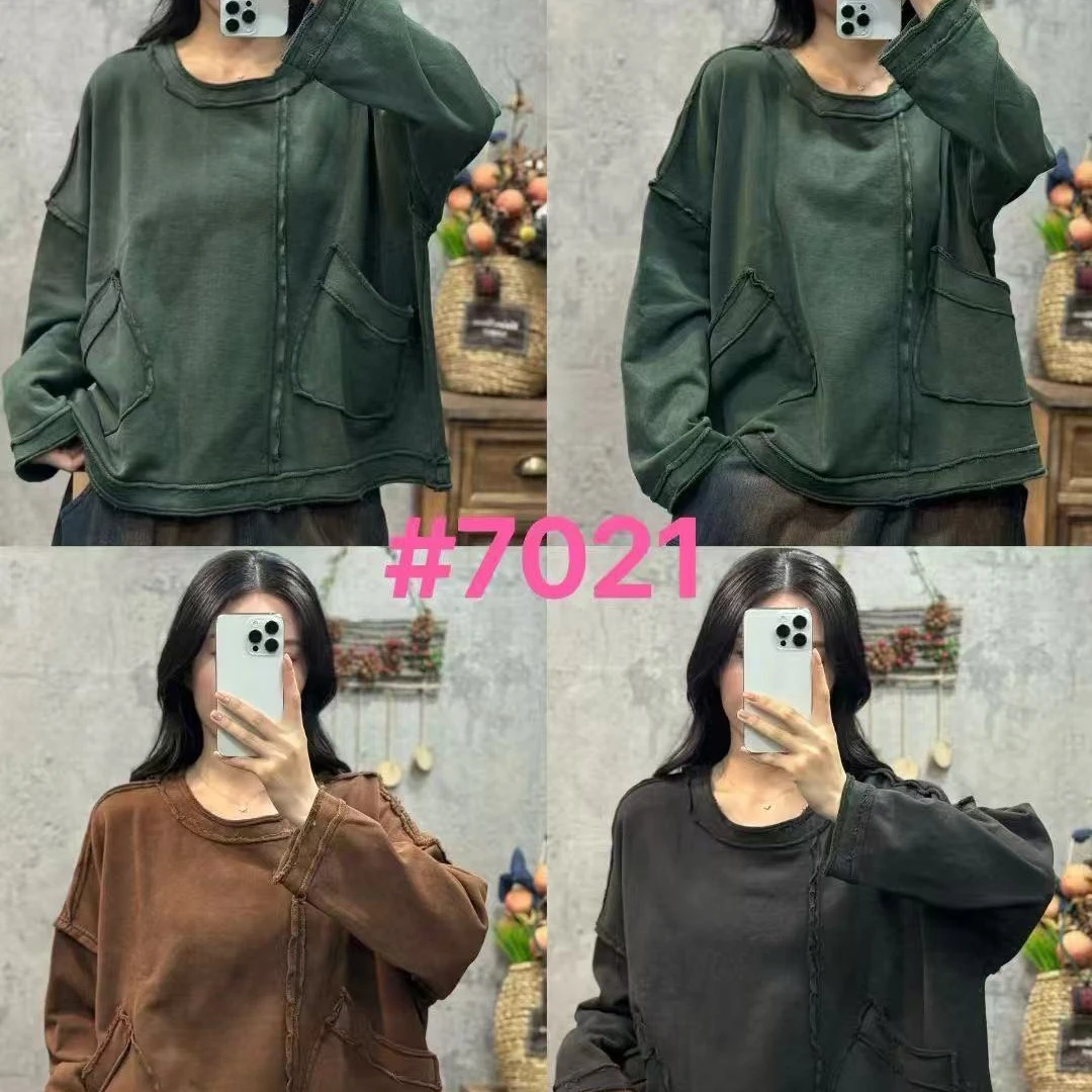 7021复古炒色圆领原宿风做旧套头口袋卫衣时尚i秋冬