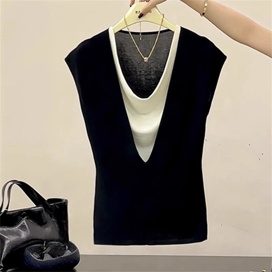 设计感百搭黑色假两件上衣日常休闲无袖冰丝针织背心薄款夏季