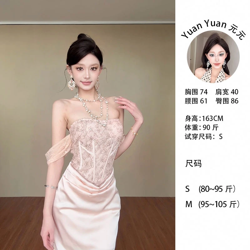 h5/C170【YY】辣妹一字肩蕾丝拼接晚礼服连衣裙鱼骨拼接气质包臀裙