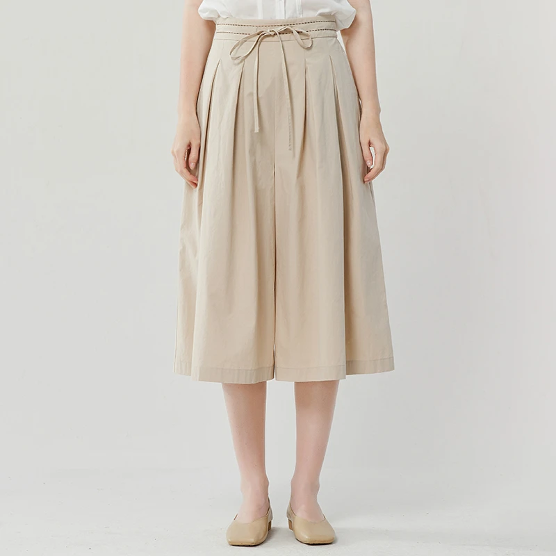 Famecoco设计感裙裤纯棉松紧腰休闲系带中长款阔腿裙裤FAB3GE002