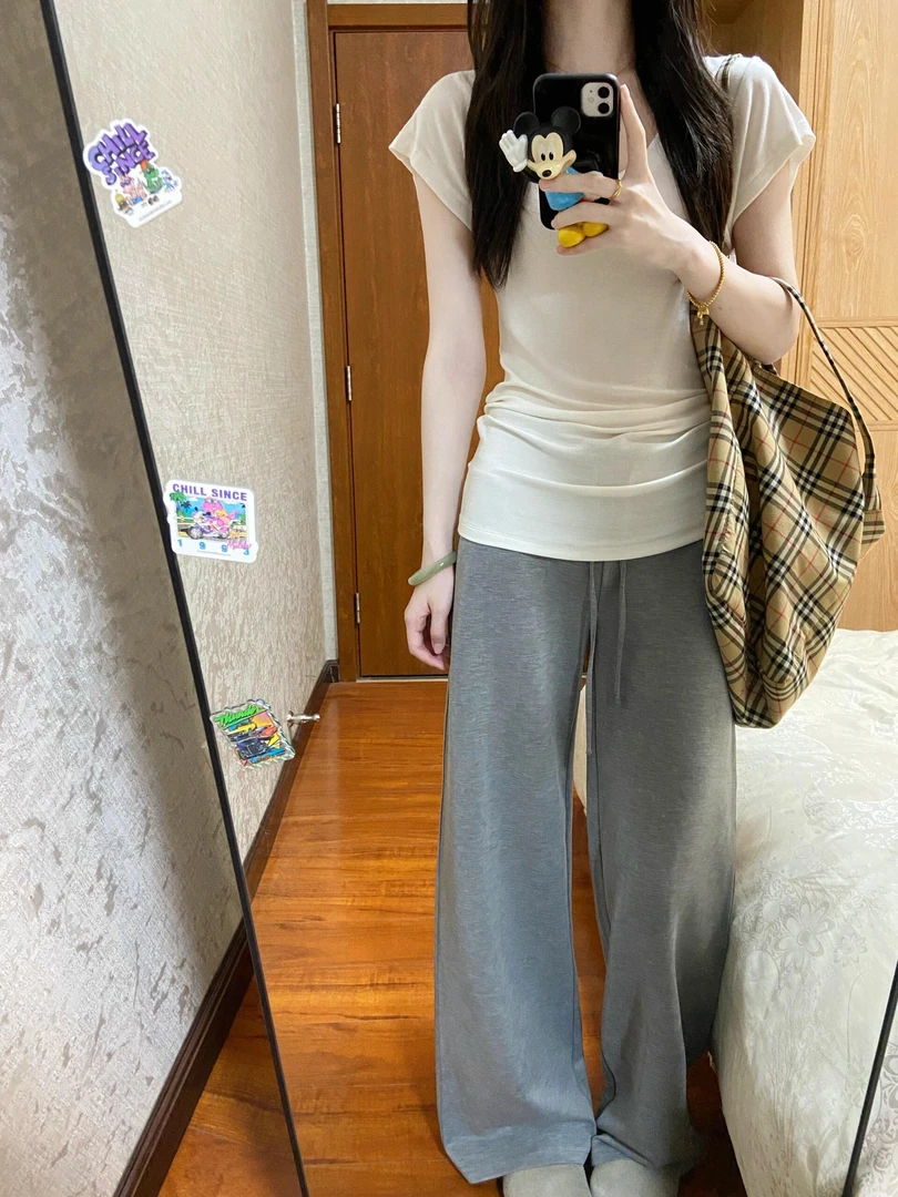 2025夏季新款韩系甜美简约白色小v领短袖t恤灰色百搭休闲裤两件套