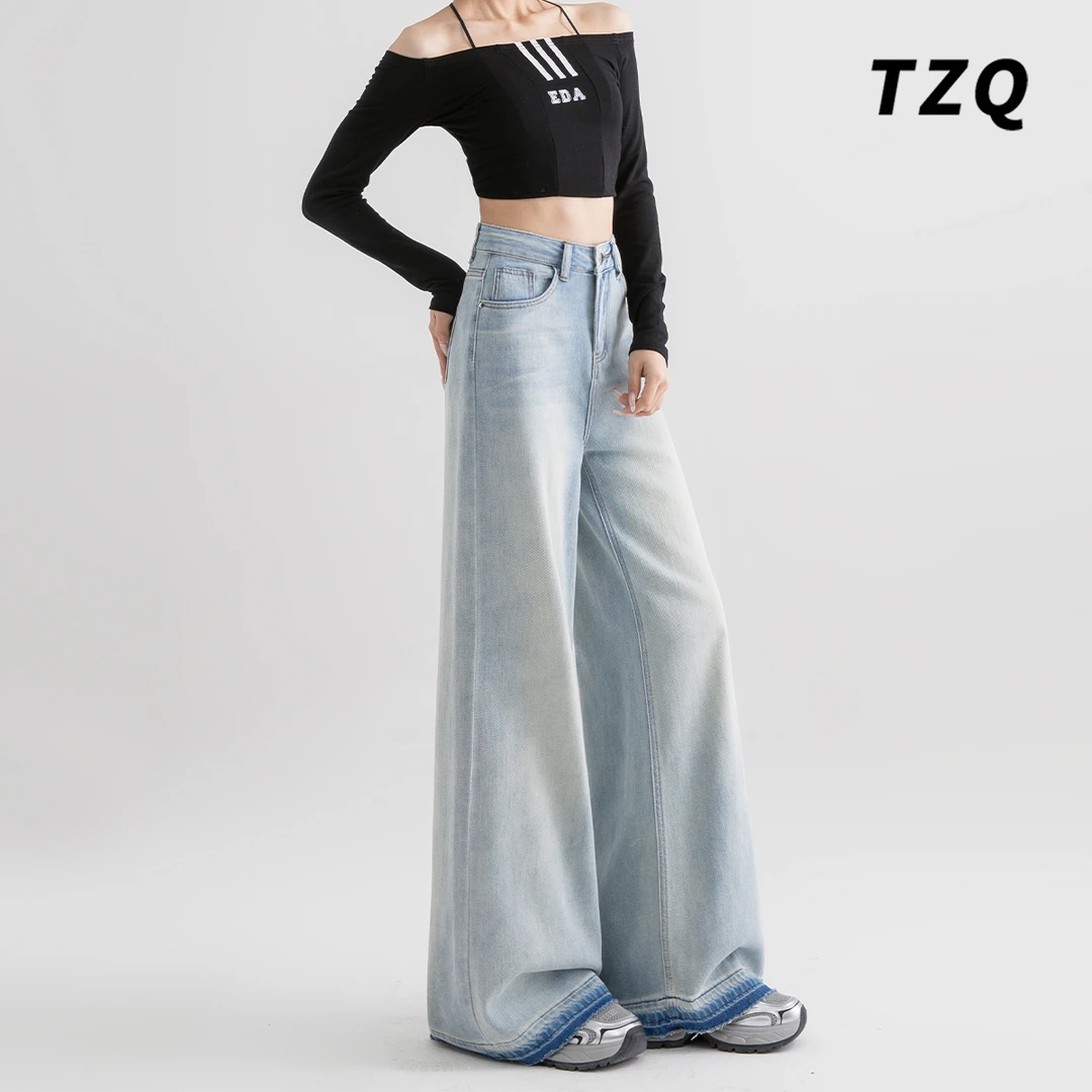 2025春季新款垂感百搭高腰直筒裤女时尚显瘦阔腿牛仔裤TZQ2520858