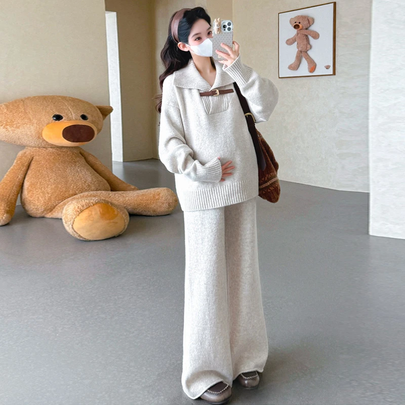 孕妇套装2025秋冬季韩版新款时尚宽松翻领毛衣阔腿裤保暖两件套装