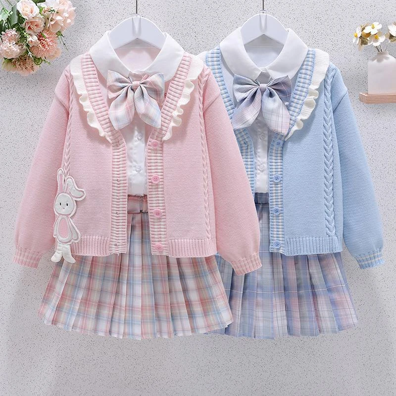 女童jk套装裙秋季2024新款女孩学院风中大童衬衫外套百褶裙三件套