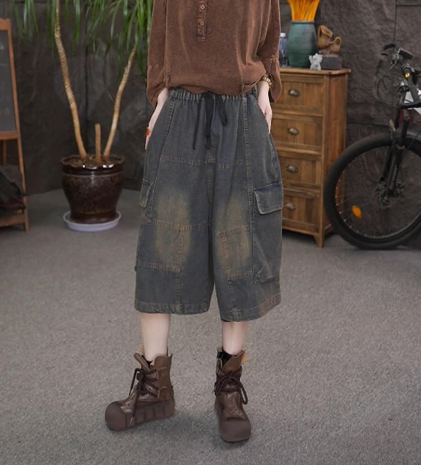 夏季新款时尚个性做旧拼接大口袋工装六分裤宽松休闲直筒裤女