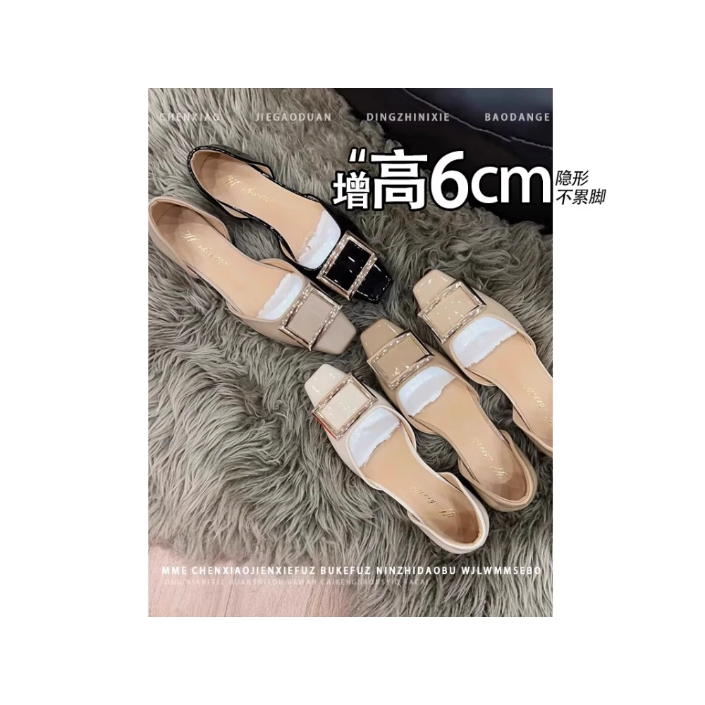 2025夏新款法式金属方扣中空内增高单鞋女浅口真皮方头中跟晚晚鞋