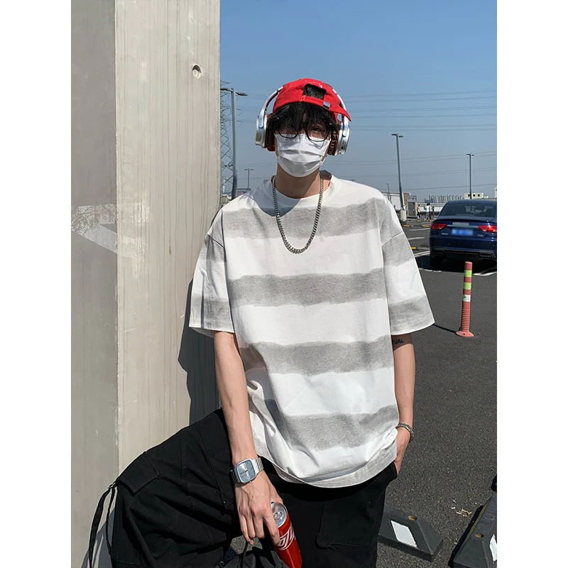 JG军格重磅圆领复古撞色条纹短袖T恤男夏季潮牌痞帅宽松休闲半袖