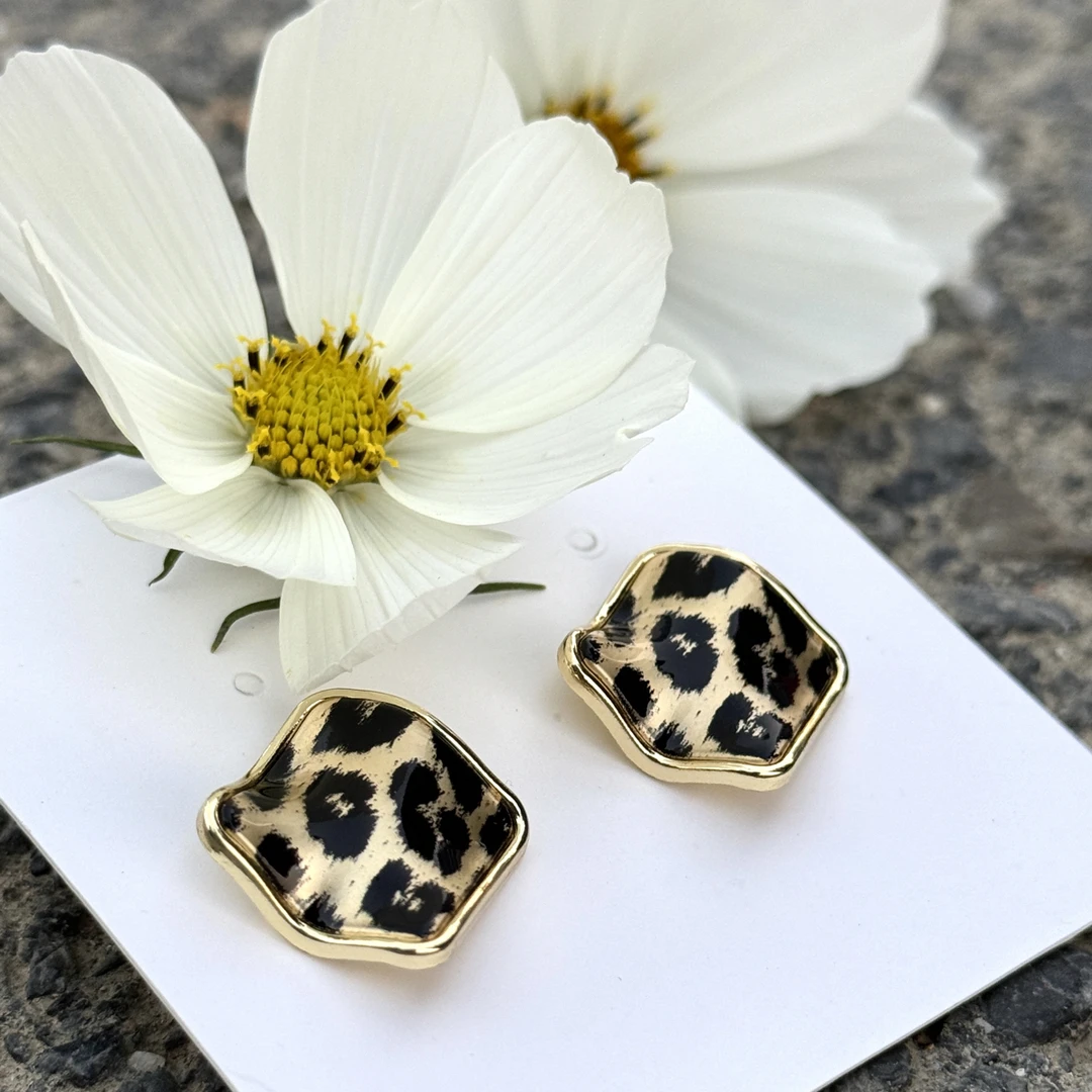 925银玻璃耳饰 14k真金电镀银针褶皱菱形豹纹耳钉复古百搭耳饰女