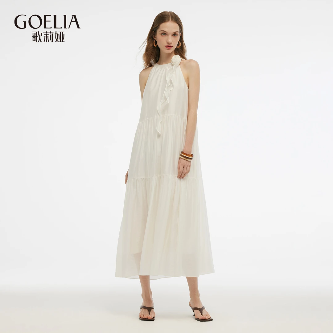 歌莉娅挂脖天丝连衣裙+配饰出游欧若风1CDR4K62A
