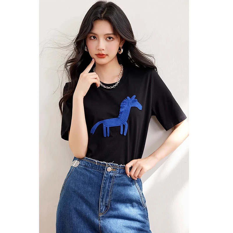 夏装设计感上衣宽松休闲百搭正肩小马贴布绣纯棉短袖t恤Z5561