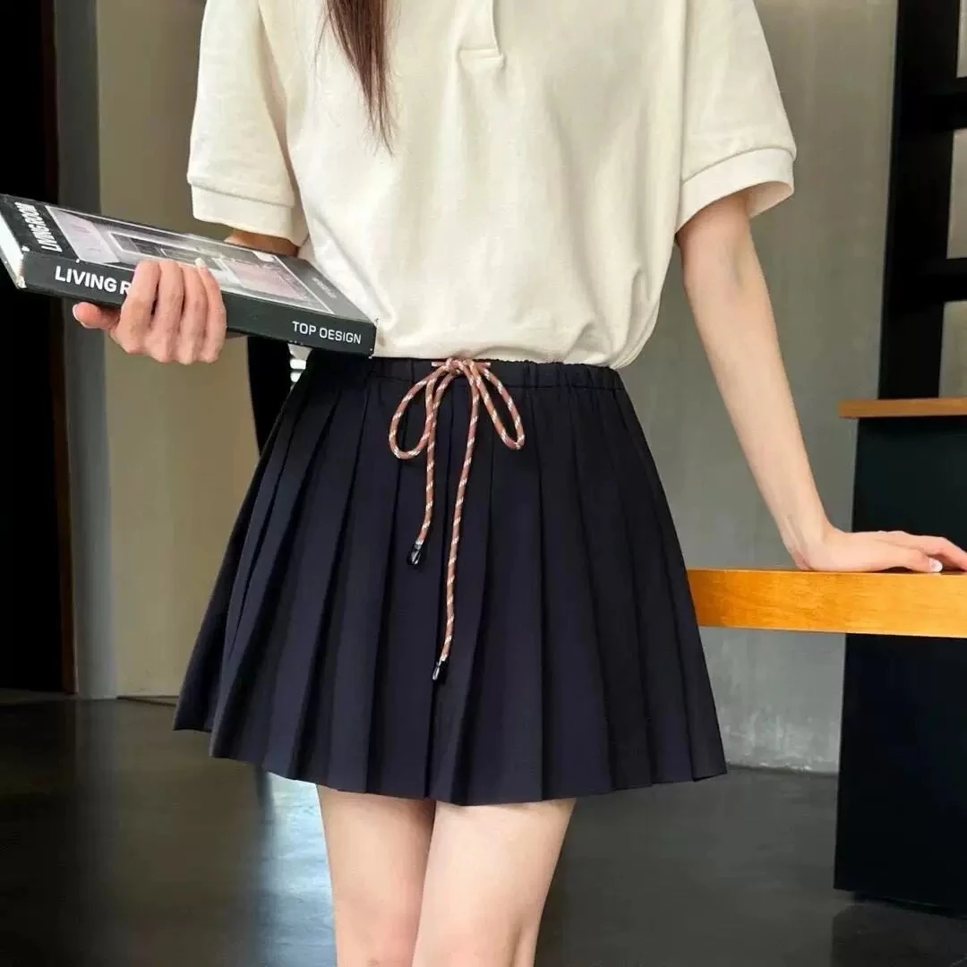 MM藏青色百褶裙中长裙拼接字母工艺宽松腰系绳简约纯色裙子