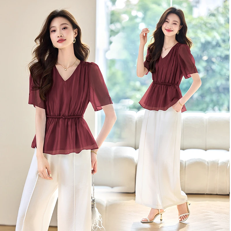 法式v领衬衫套装女2025夏季新款高级感收腰显瘦百搭阔腿裤两件套