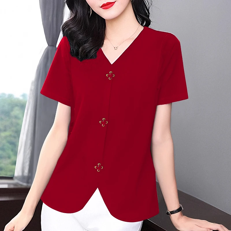 短袖t恤女夏季2025新款时尚洋气妈妈女士宽松大码显瘦体恤v领上衣