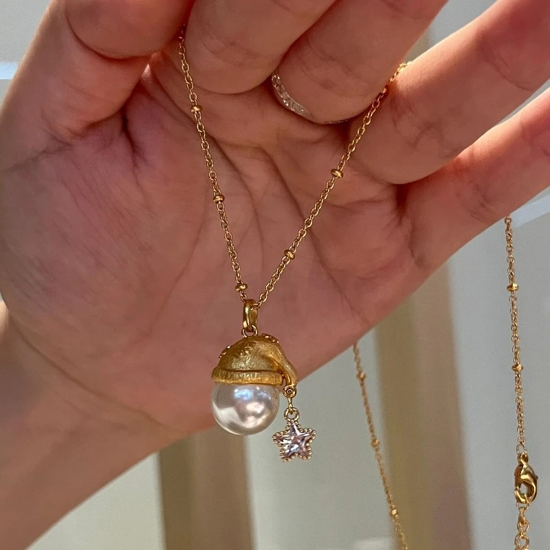 铜吊坠 法式轻奢复古拉丝珍珠圣诞帽星星项链小众精致名媛风高级