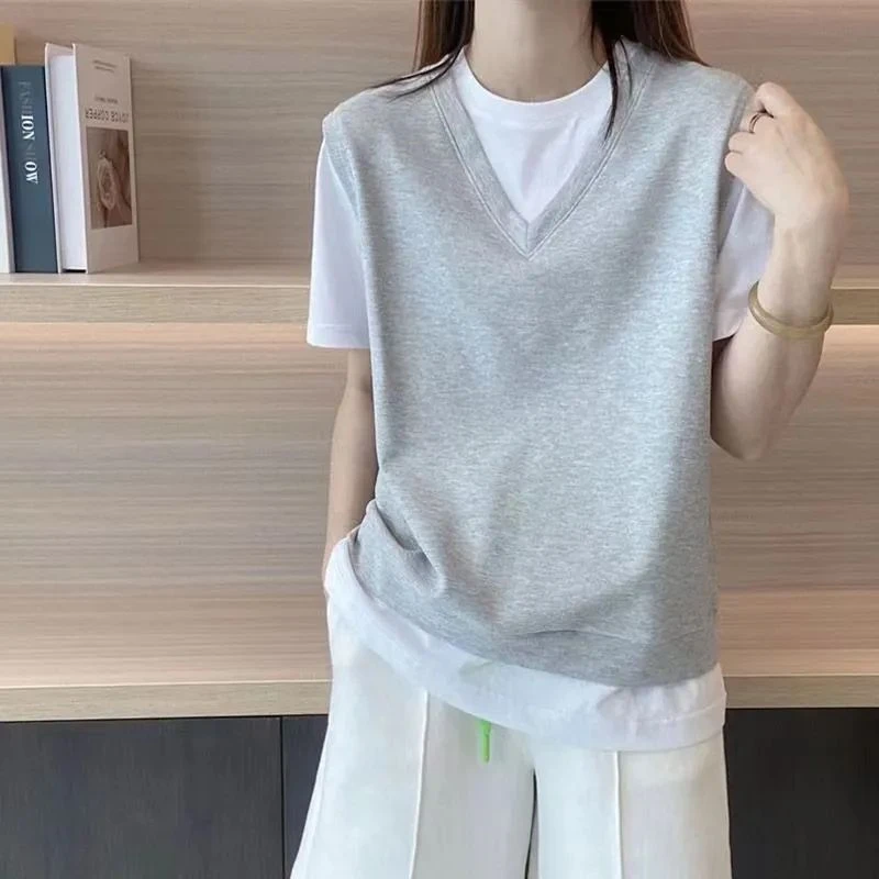 假两件设计感小众短袖恤女宽松拼色上衣夏季2025新款女装睡衣