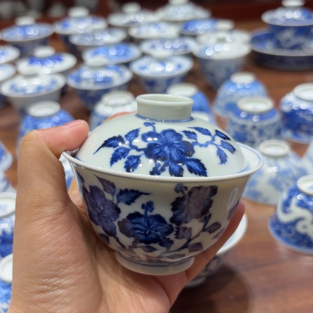 小***星瓷扶桑花盖碗 微瑕福利