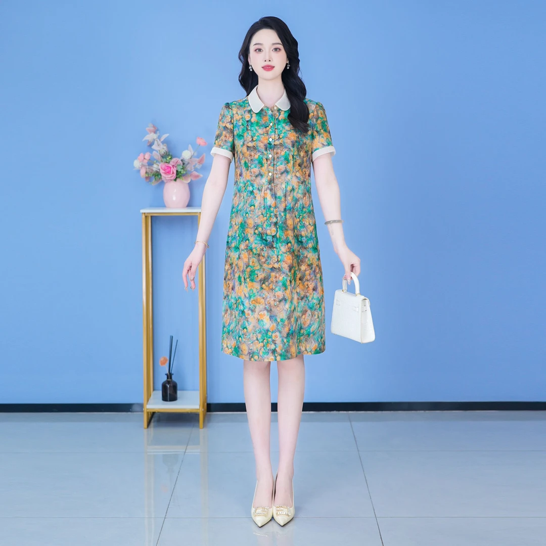 【SJYH1529】2025年夏季新款连衣裙中长款气质收腰印花修身女装