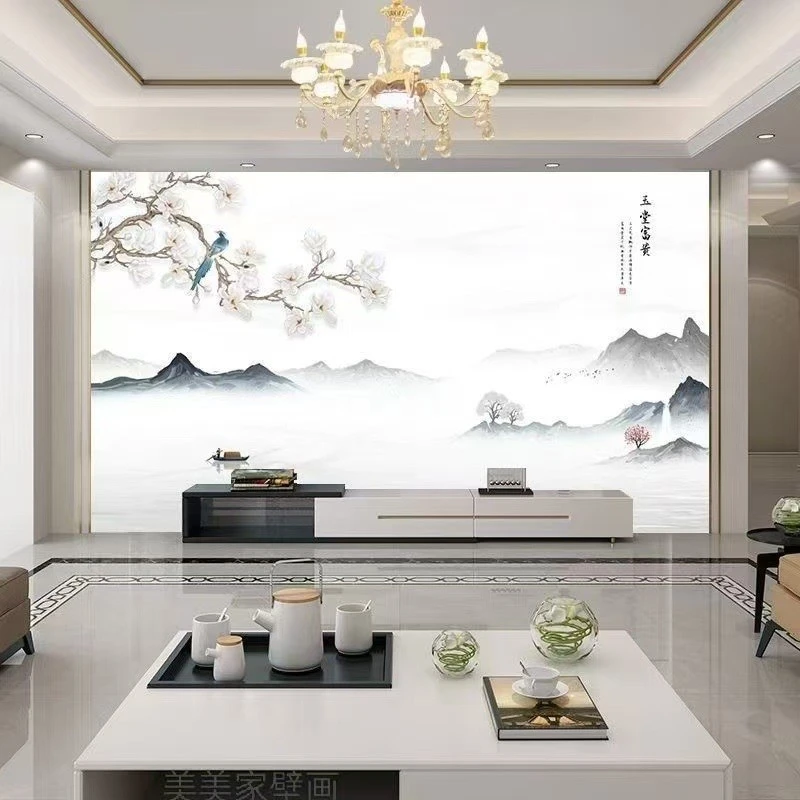 新中式水墨画墙布办公沙发茶室壁纸电视背景墙壁画3d大气影视壁布