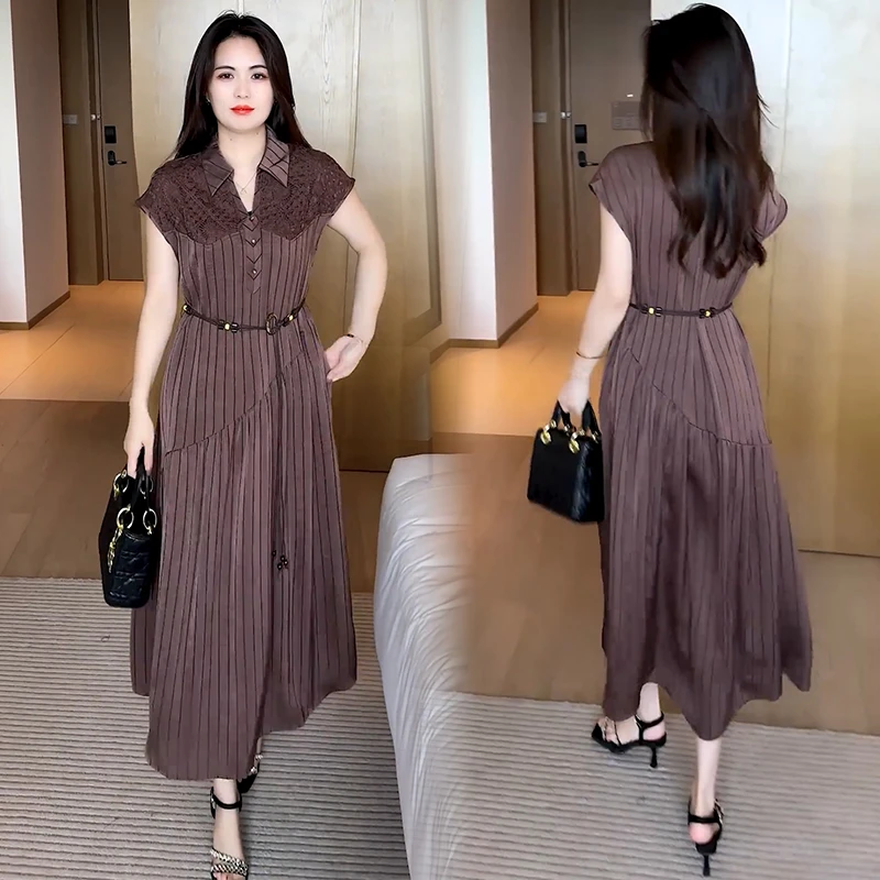 时尚条纹连衣裙女夏季新款洋气质收腰显瘦蕾丝拼接中长款减龄裙子