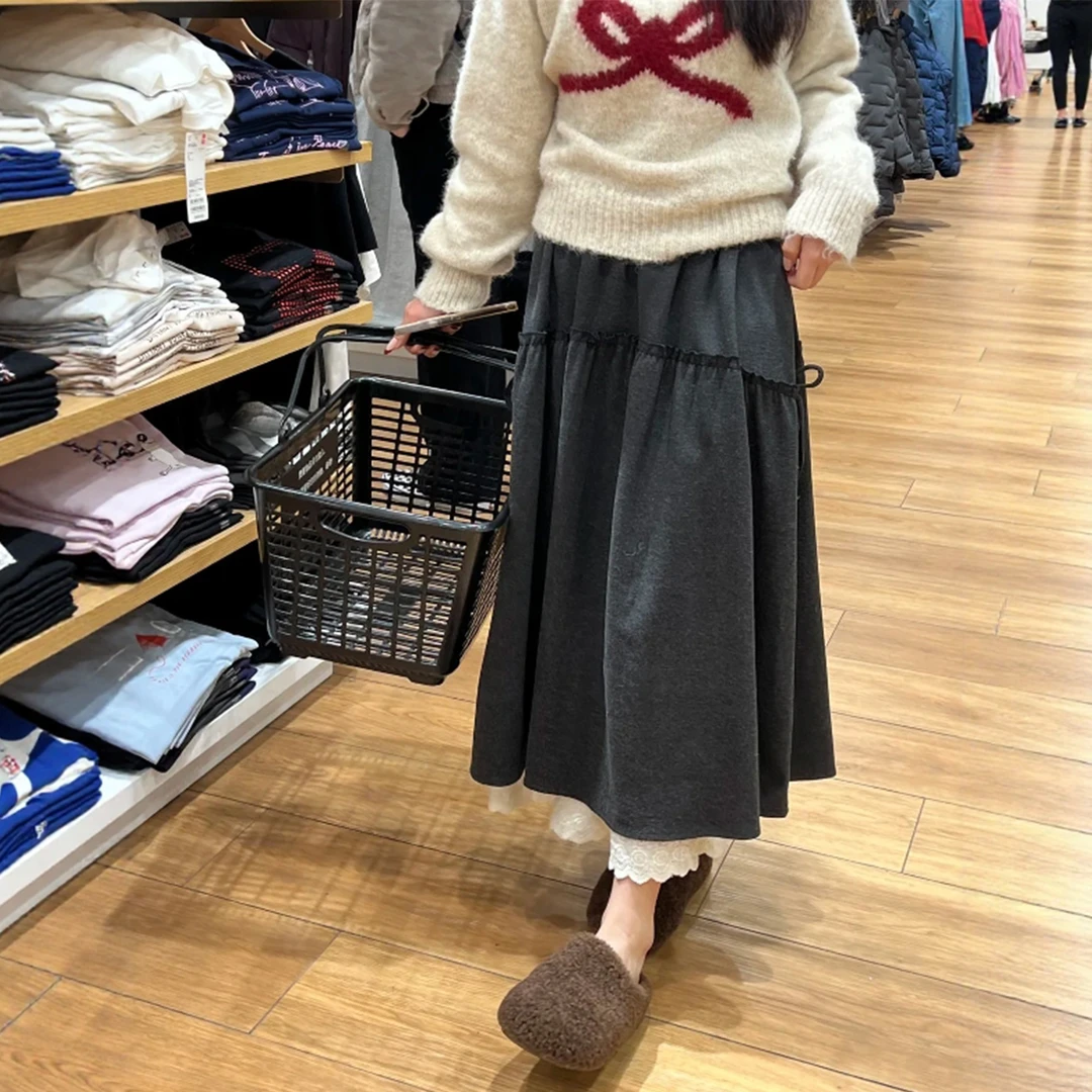 灰色蕾丝拼接毛呢裙女大码秋冬新款中长款胖mm遮胯显瘦a字半身裙