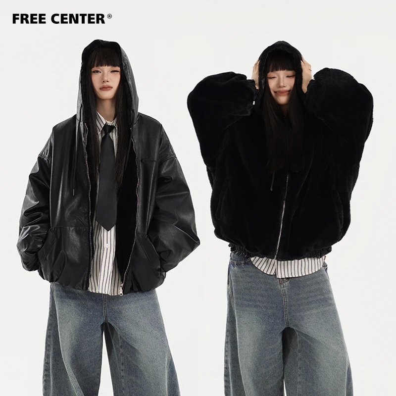 Free Center两面可穿皮毛一体座山雕外套男女冬加厚宽松连帽皮衣