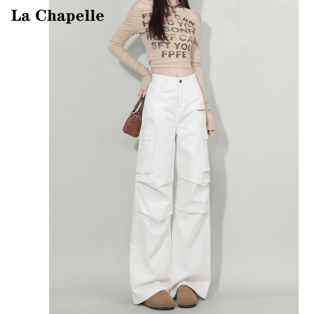 拉夏贝尔美式高腰白色工装裤女春秋季2025新款多口袋直筒休闲长裤