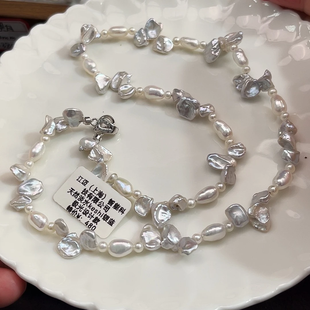 银S925镶嵌特价淡水银蓝keshi项链淡水珍珠