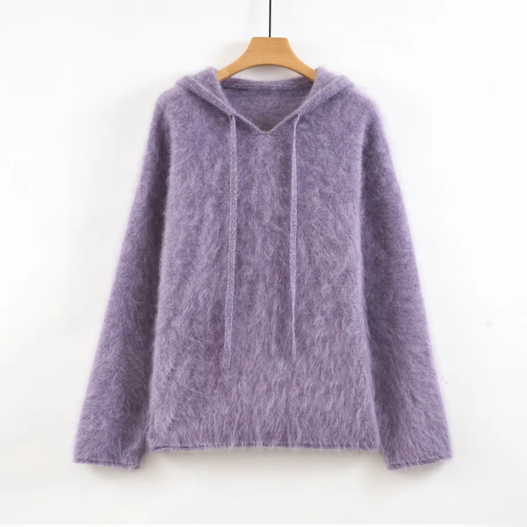 秋冬新款紫色慵懒风连帽羊毛拉绒针织衫女宽松显瘦百搭