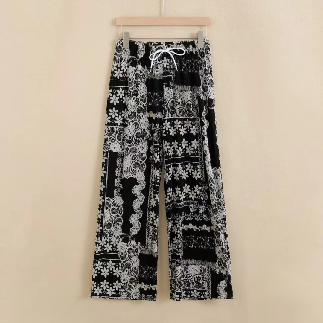 运动百搭夏季高腰微弹休闲裤薄款直筒裤休闲长裤印花