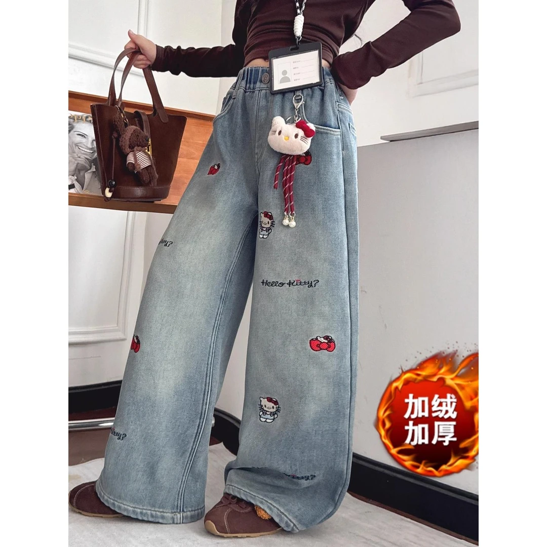 女童KT猫加绒加厚牛仔裤2025新款儿童春秋冬休闲裤中大童阔腿裤子
