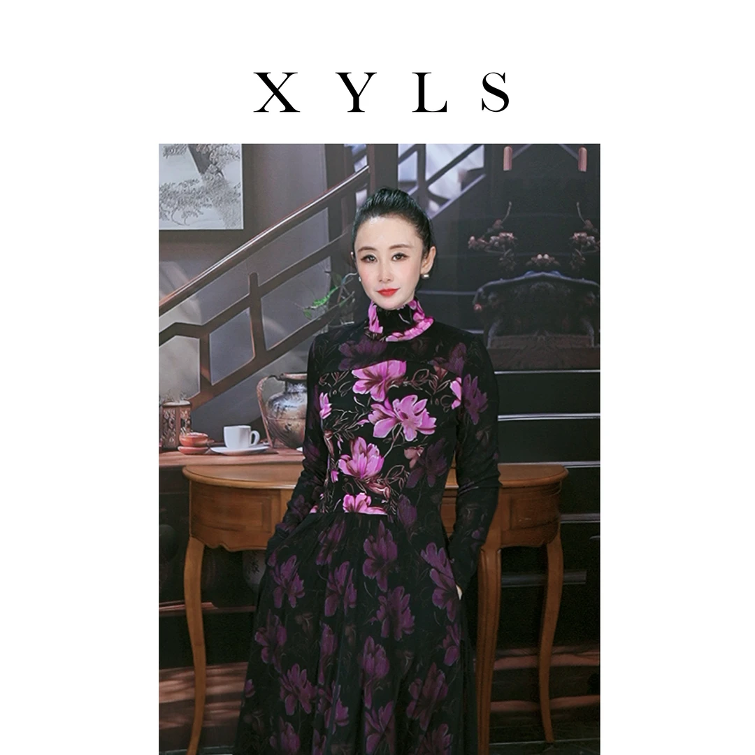 加绒弹力网纱连衣裙秋冬T006329