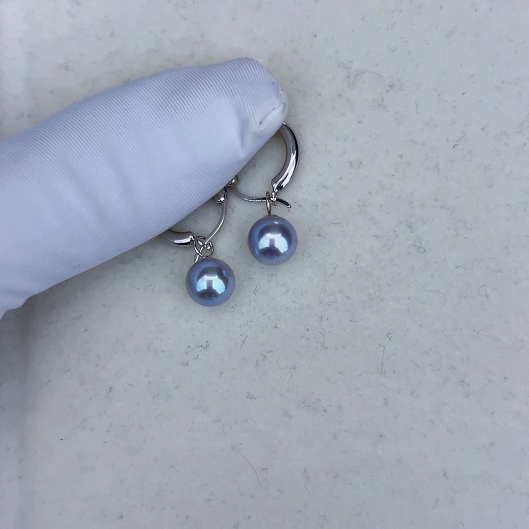海水珍珠海水akoya真多麻色耳扣7-8mm18K金镶嵌