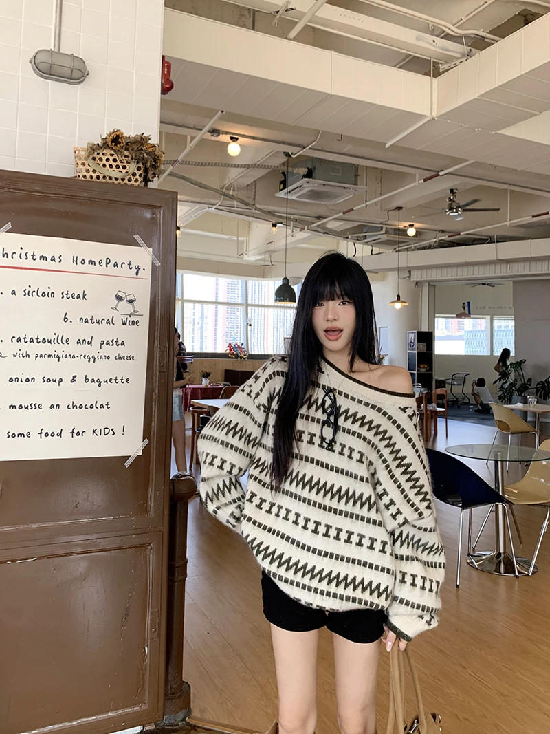 韩系撞色条纹长袖毛衣松弛感复古休闲简约百搭宽松上衣