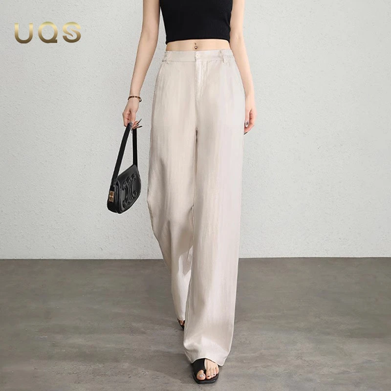 UQS初秋氛围慵懒风松弛感天丝亚麻裤白色九分阔腿裤垂感宽松显瘦