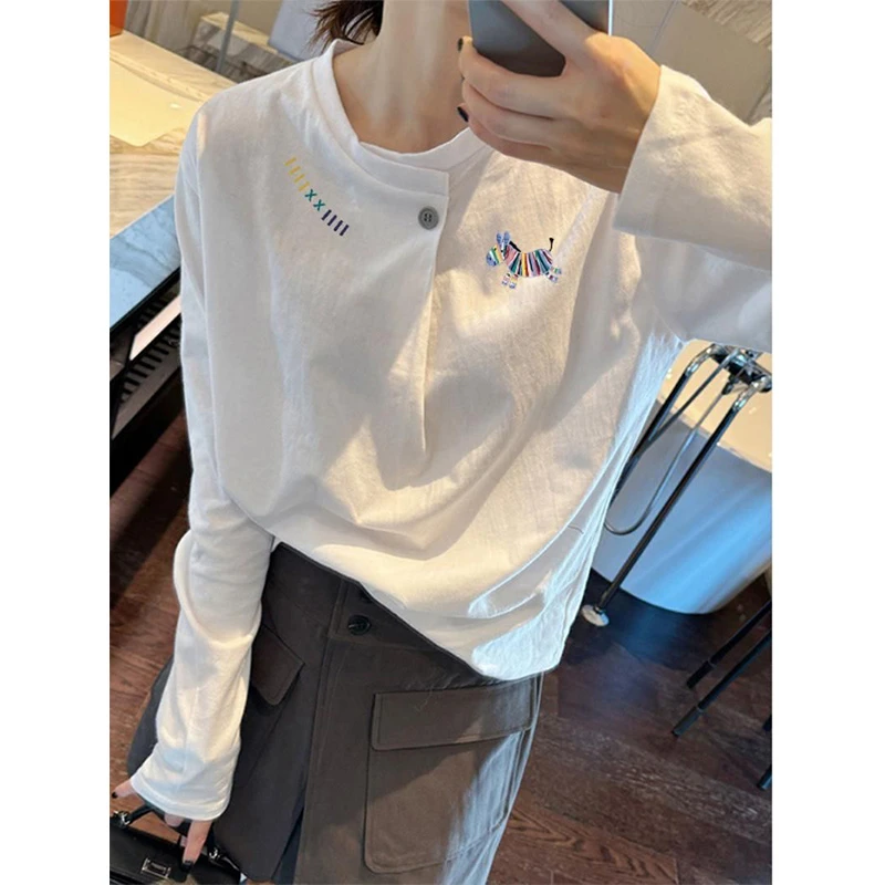 白色长袖t恤女打底衫早秋2025新款韩系巨好看设计感小众宽松上衣