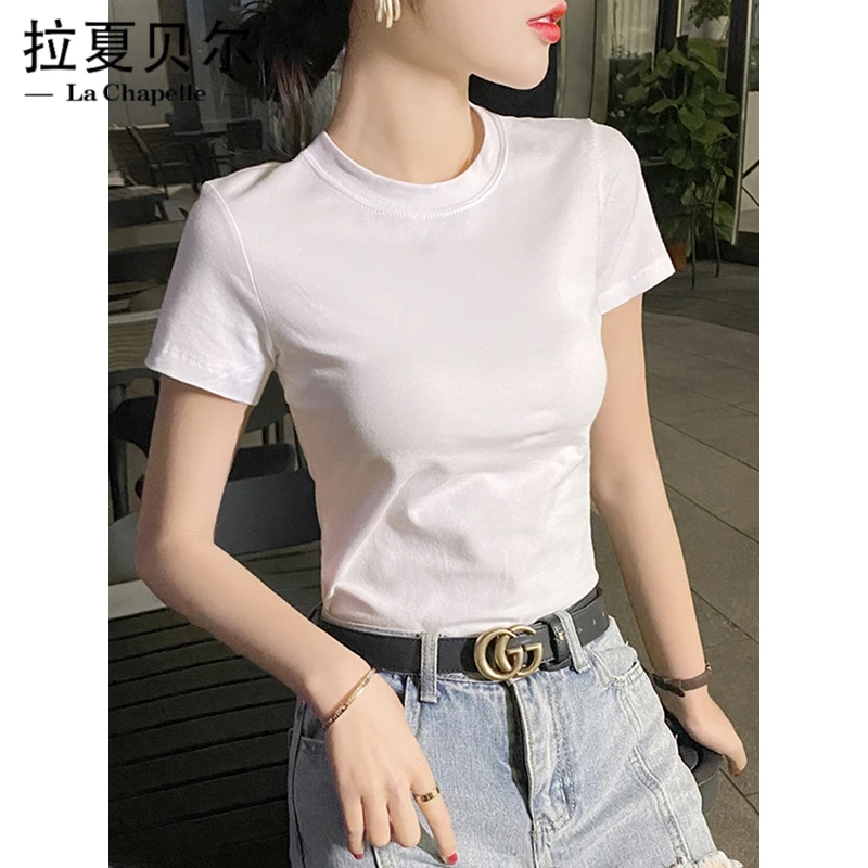 拉夏贝尔 纯棉正肩白色半高领短袖T恤女夏季 2024新款修身紧身半