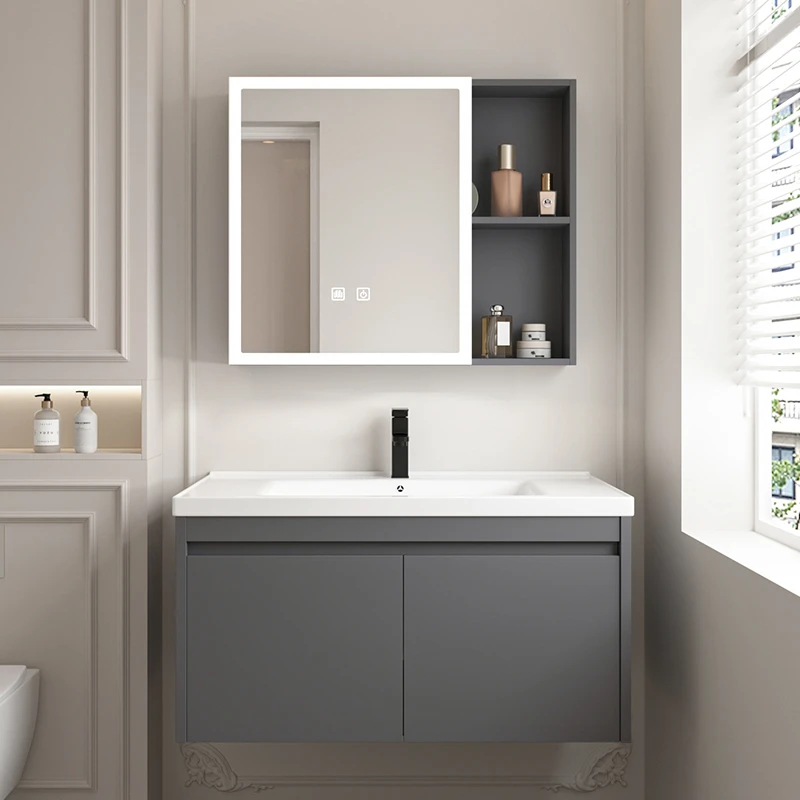 极简设计轻奢深空灰浴室柜组合陶瓷一体盆洗手盆高温烧纸耐用