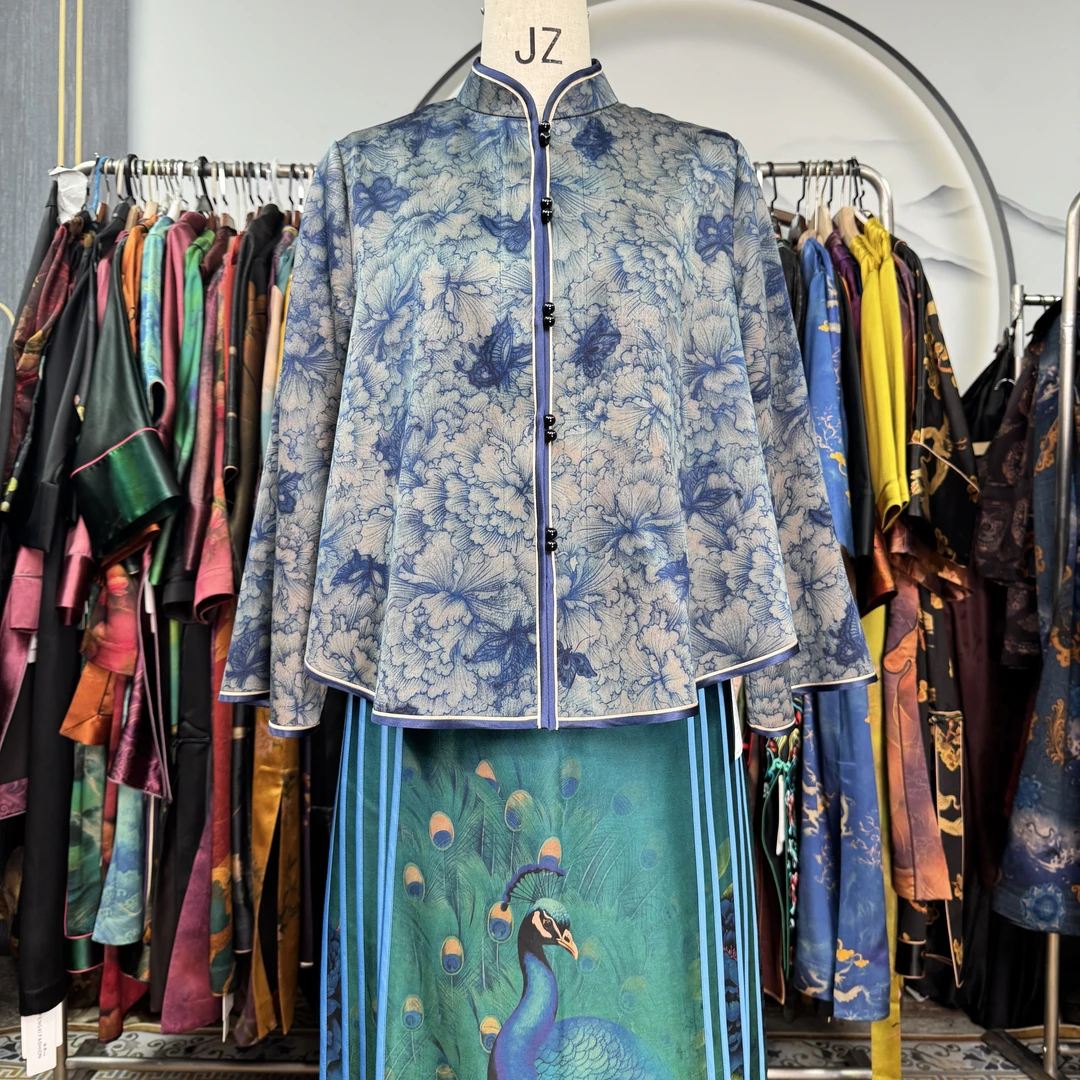 60姆米重锻蓝色牡丹花妹妹服100桑蚕丝款