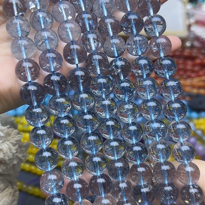 玛瑙/玉髓未镶嵌珠宝半成品T741   12m海蓝阿塞水晶圆珠一条