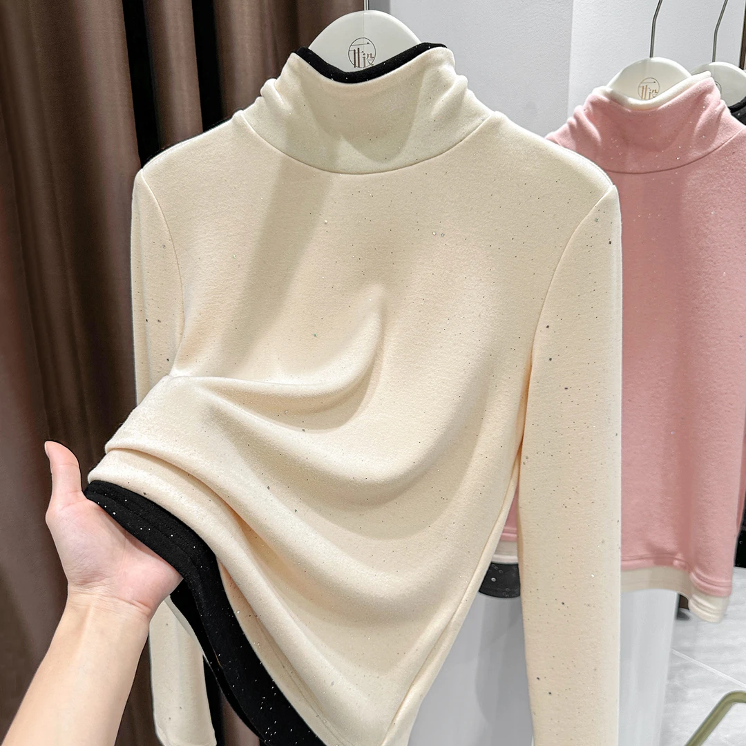 撞色假两件澳绒打底上衣女秋冬爆款时髦感加厚长袖T恤高领打底衫