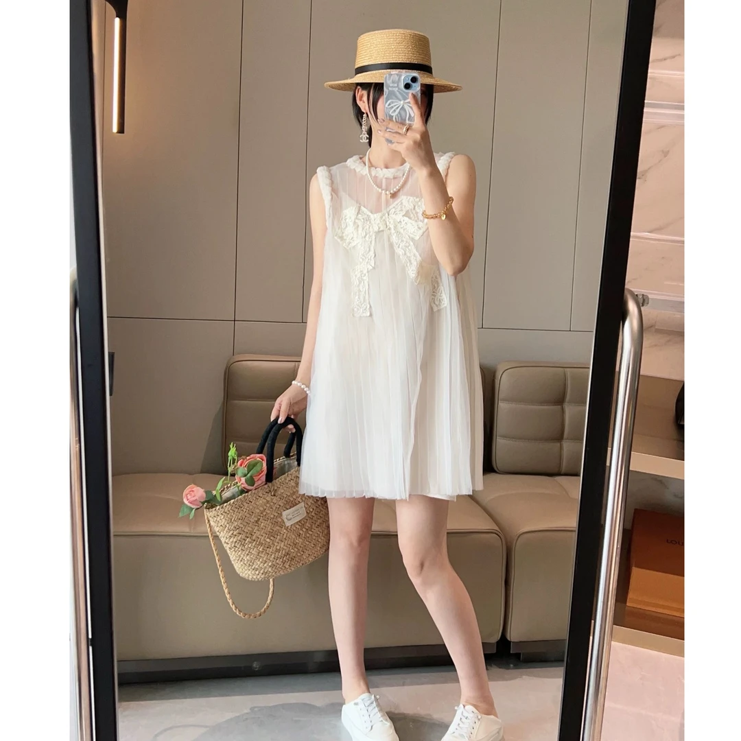 夏季新款设计感小众法式木耳花边提花蝴蝶结连衣裙公主裙子8123