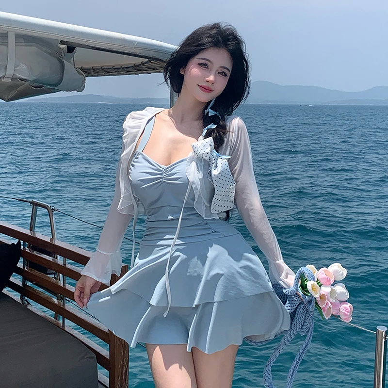 2025新款多巴胺200斤泳衣女连体裙式罩衫长袖防晒度假大码微胖mm