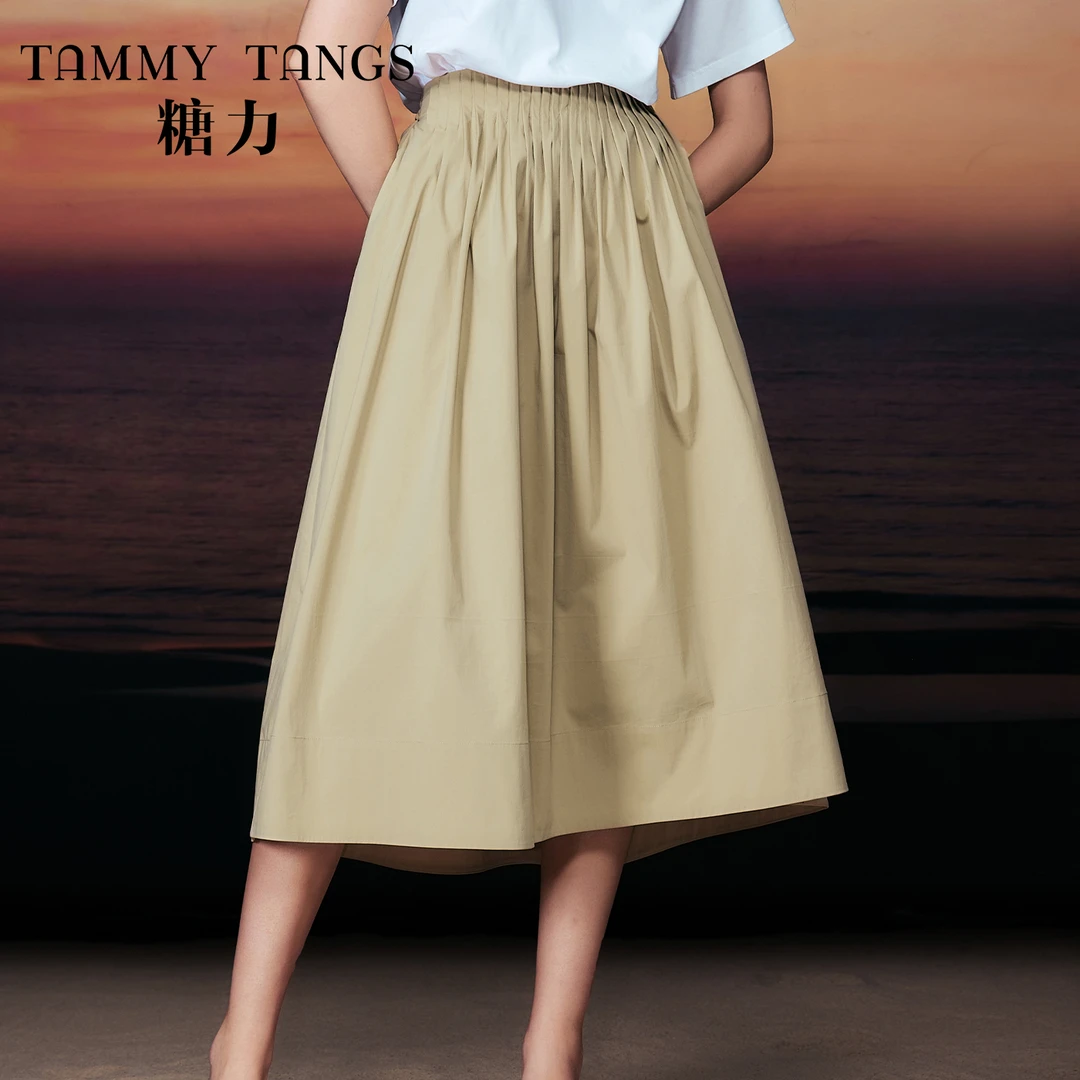 糖力 高腰打褶显瘦中长款半身裙蓬蓬伞裙