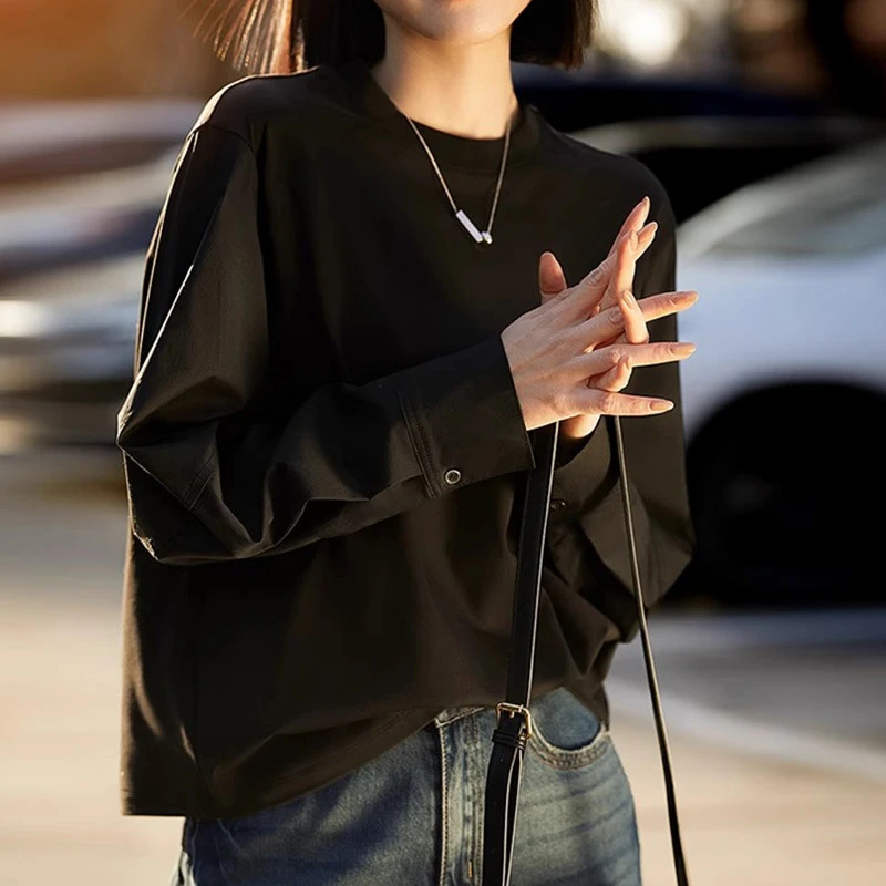 拼接长袖T恤黑色卫衣2025秋季新款宽松简约圆领上衣女装休闲通勤