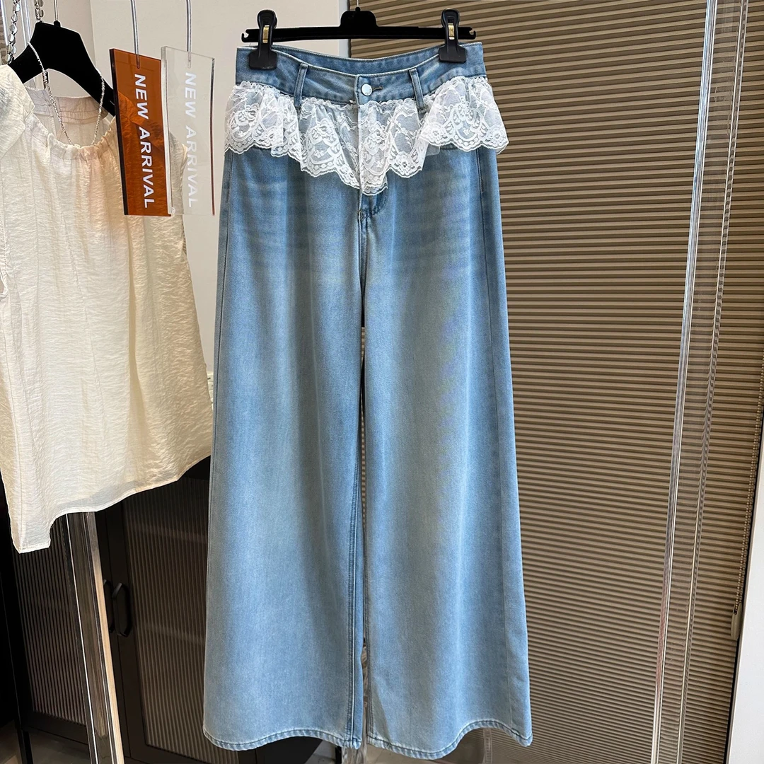 欧货高腰蕾丝屁帘拼接浅蓝色牛仔裤女秋季新款直筒裤宽松时尚长裤