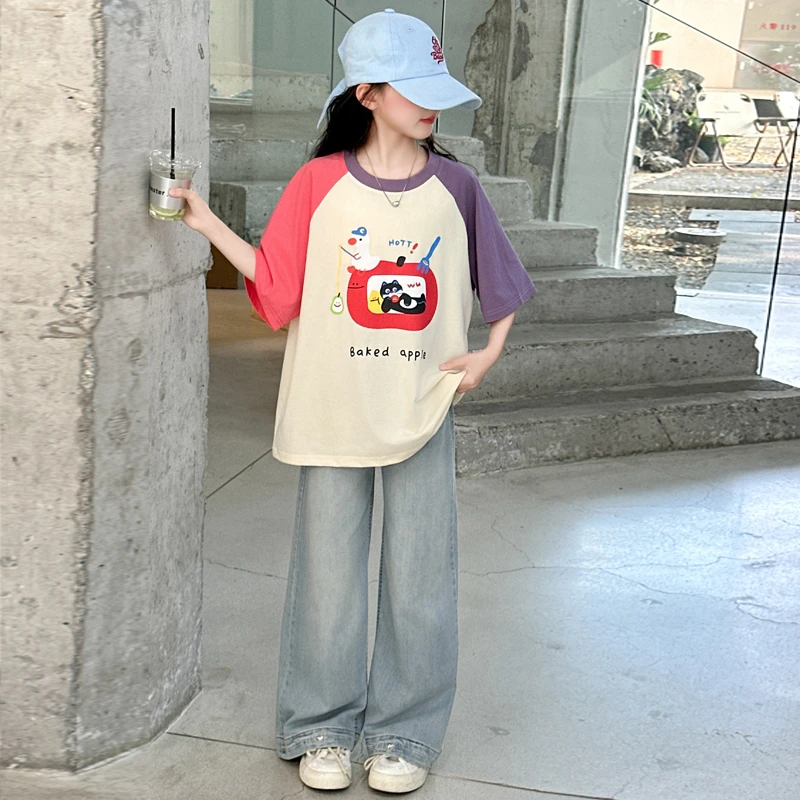 女童夏季插肩袖拼色短袖套装洋气休闲2025新款潮中大童两件套宽松